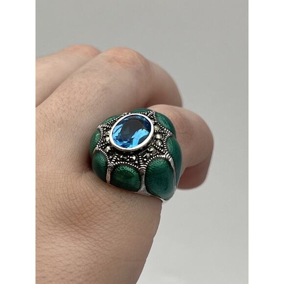925 sterling silver enamel topaz Marcasite Ring size 6 - Picture 3 of 14